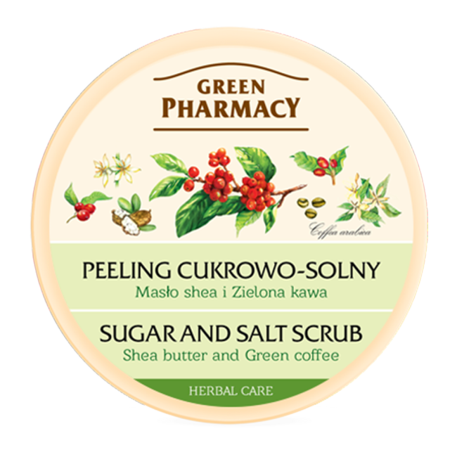 Salt and sugar scrub, shea butter and green coffee
