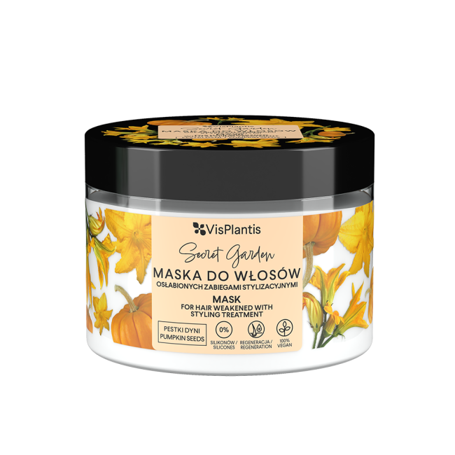 Mask for hair weakened with styling treatment, pumpkin seed, wheat bran and oat